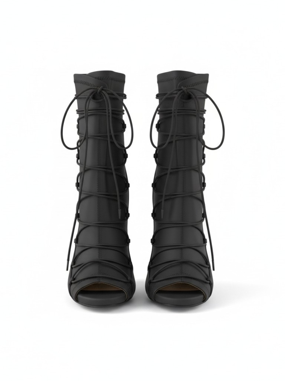 Liliana Black Lace-Up Peep-Toe Stiletto Boots